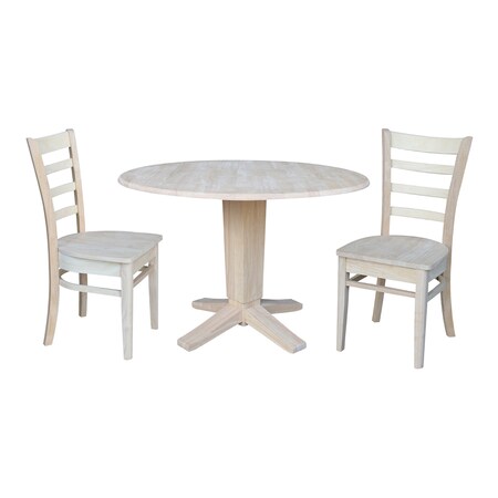 International Concepts 42 in. Solid Wood Round Drop Leaf Pedestal Table with 2 Dining Chairs, Unfinished K-42DPT-23B-C617-2